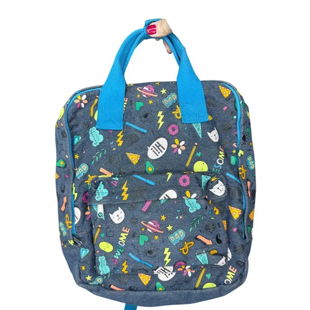 Cat & Jack blue washed denim backpack allover doodle colorful cats planets | GUC